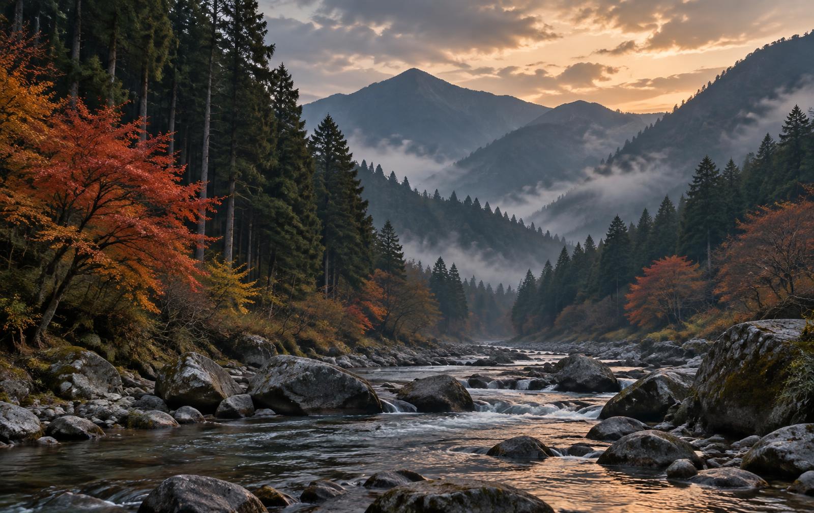 A quiet river running through a misty mountain valley